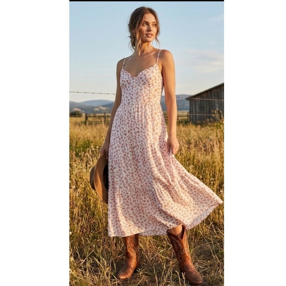 Dee Elly Size M Pink Floral Tiered Corset Midi Dress‎ Boho Western Cottagecore